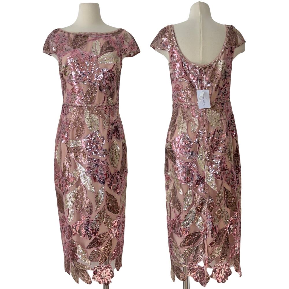 Marchesa Notte Floral Sequin Embellished Tulle Midi Dress Rose Pink 8 NWT